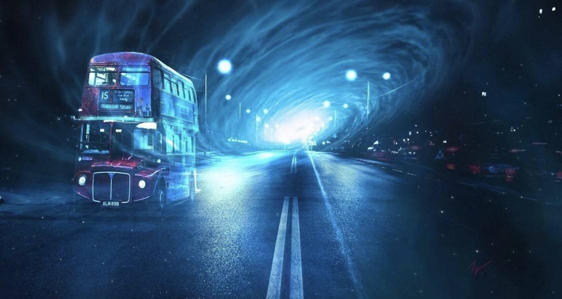 peinture numérique d'un bus magique qui part vers un autre monde